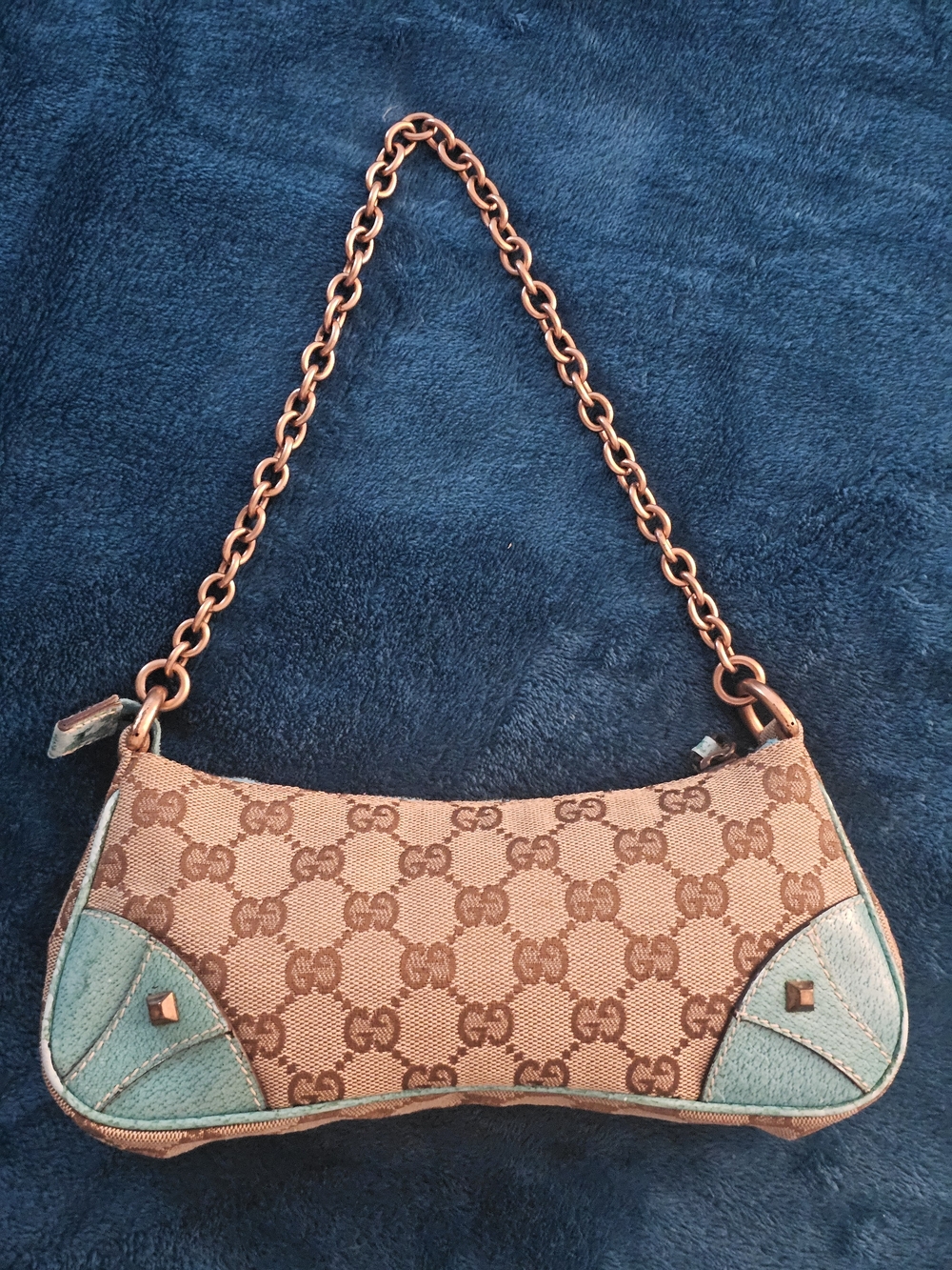Gucci Brown Monogram Shoulder Bag with Teal Corner Accents and Chain Strap